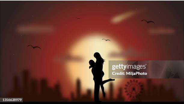 stockillustraties, clipart, cartoons en iconen met romantic silhouette of loving couple watching sunset - engaged sunset