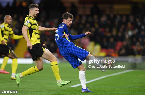 Mason Mount of Chelsea hits the post from a shot during the Premier League match between Watford and Chelsea at Vicarage Road on December 01, 2021 in...