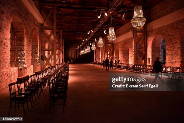 General view of runway area at Hakan Akkaya x Cinderella Bridal Capsule Collection at Tersane Istanbul on November 30, 2021 in Istanbul, Turkey.