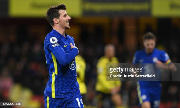 Mason Mount of Chelsea celebrates after scoring their side's first goal during the Premier League match between Watford and Chelsea at Vicarage Road...