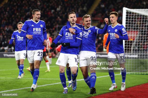 James Maddison of Leicester City celebrates with teammate Kiernan Dewsbury-Hall after scoring their side's second goal during the Premier League...
