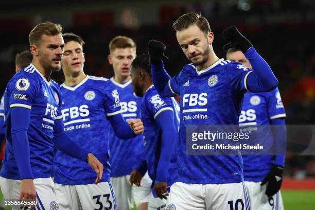 James Maddison of Leicester City celebrates after scoring their side's second goal during the Premier League match between Southampton FC and...