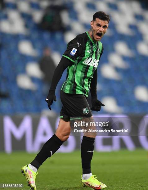 Gianluca Scamacca of U.S. Sassuolo Calcio celebrates after scoring their side's first goal during the Serie A match between US Sassuolo v SSC Napoli...
