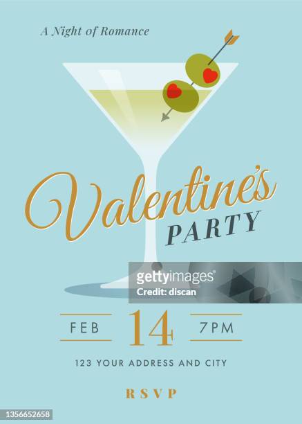 valentine’s day party with martini cocktail. - cocktail party invitation stock illustrations
