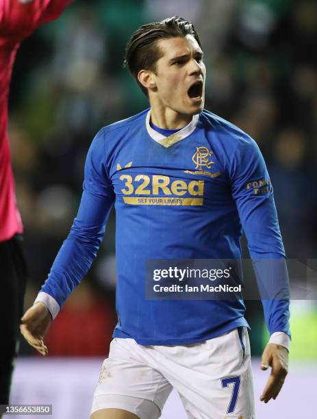 Ianis Hagi celebrates after Kemar Roofe of Rangers scores from the penalty spot during the Cinch Scottish Premiership match between Hibernian FC and...