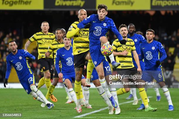 Kai Havertz of Chelsea clears the ball from a corner during the Premier League match between Watford and Chelsea at Vicarage Road on December 01,...