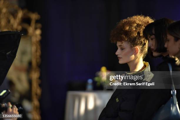 Models poses backstage at Hakan Akkaya x Cinderella Bridal Capsule Collection at Tersane Istanbul on November 30, 2021 in Istanbul, Turkey.