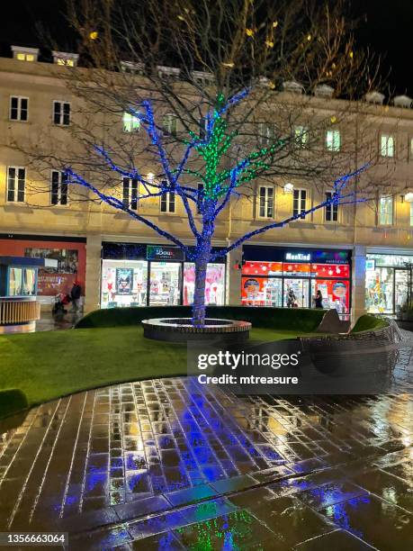 image of night view of christmas decorations, london plane tree (platanus × acerifolia) illuminated by green and blue lights, southgate shopping centre, bath, somerset, england, uk - platanus acerifolia stock pictures, royalty-free photos & images