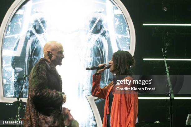 Tim Booth and Chloe Alper of James perform at The 3Arena Dublin on December 01, 2021 in Dublin, Ireland.