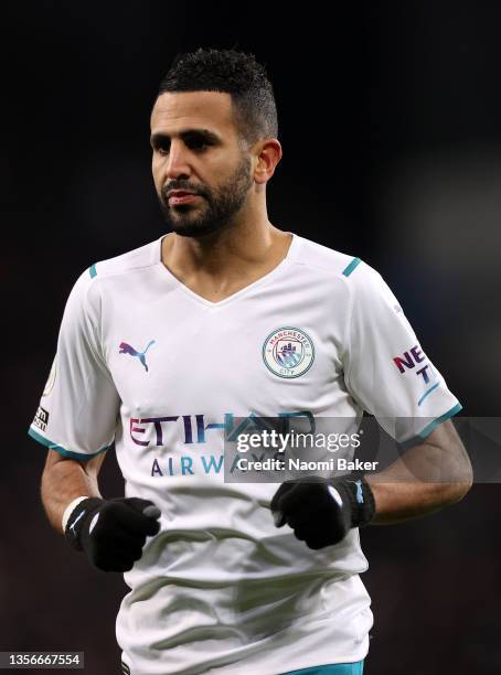 Riyad Mahrez of Manchester City looks on during the Premier League match between Aston Villa and Manchester City at Villa Park on December 01, 2021...