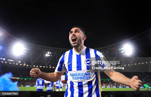 Neal Maupay of Brighton celebrates after scoring his sides first goal during the Premier League match between West Ham United and Brighton & Hove...