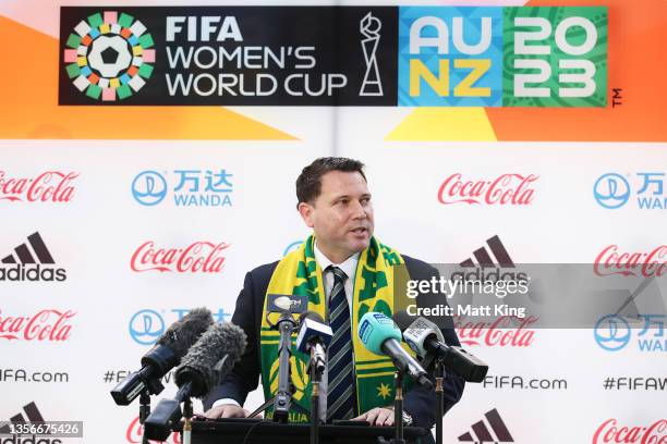 Football Australia CEO James Johnson speaks to the media during the FIFA Women's World Cup 2023 Match Schedule Announcement at Stadium Australia on...