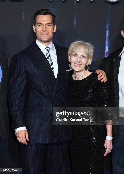 Henry Cavill and mother Marianne Cavill attend the World Premiere of "The Witcher: Season 2" at Odeon Luxe Leicester Square on December 01, 2021 in...