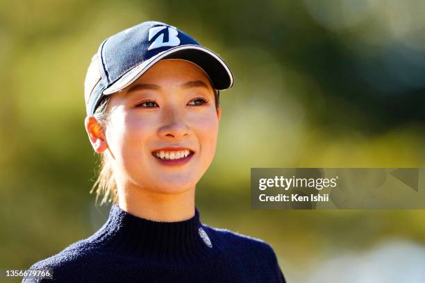 Rei Matsuda of Japan smiles during the third round of the 2021 JLPGA Qualifying Tournament at Katsuragi Golf Club on December 02, 2021 in Fukuroi,...