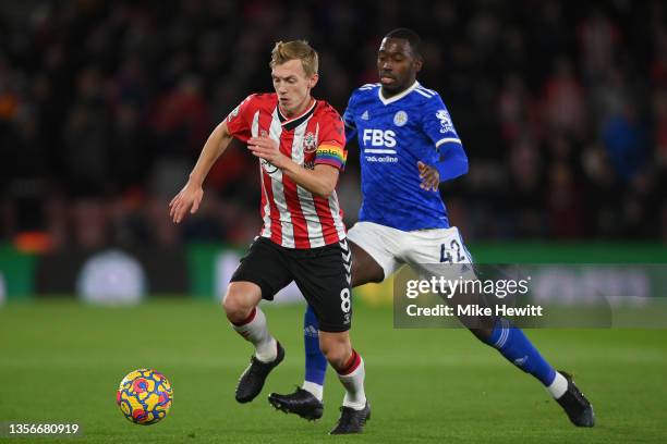 James Ward-Prowse of Southampton is challenged by Boubakary Soumare of Leicester City during the Premier League match between Southampton and...