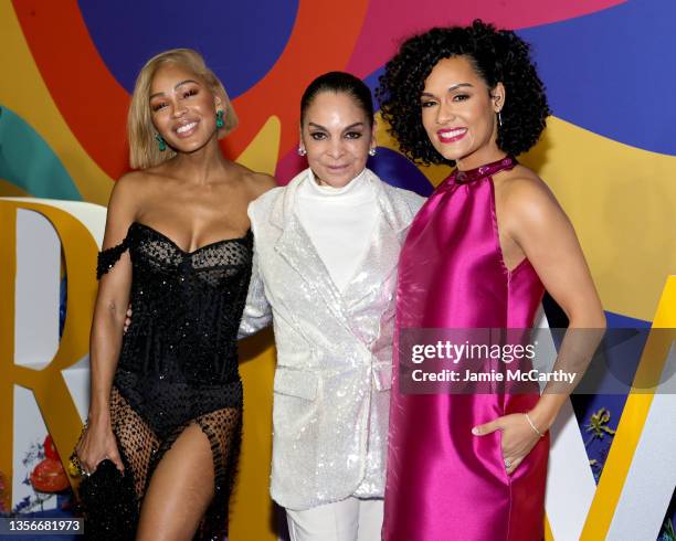 Meagan Good, Jasmine Guy, and Grace Byers attend Amazon's "Harlem" Series Premiere at AMC Magic Johnson Harlem on December 01, 2021 in New York City.
