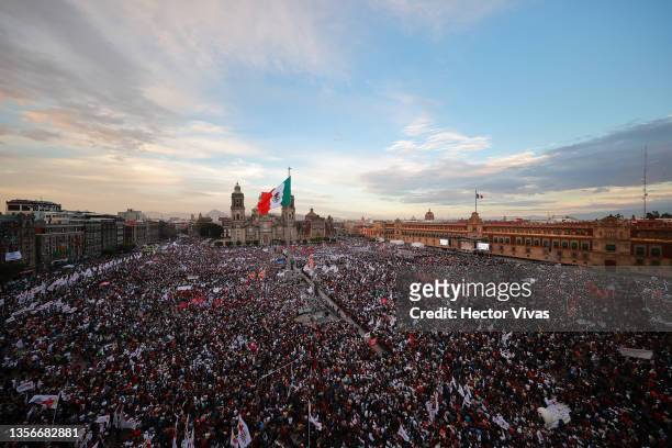 General view of Zocalo square as supporters of President Lopez Obrador gather during the Third State of the Union Report at Zocalo on December 01,...