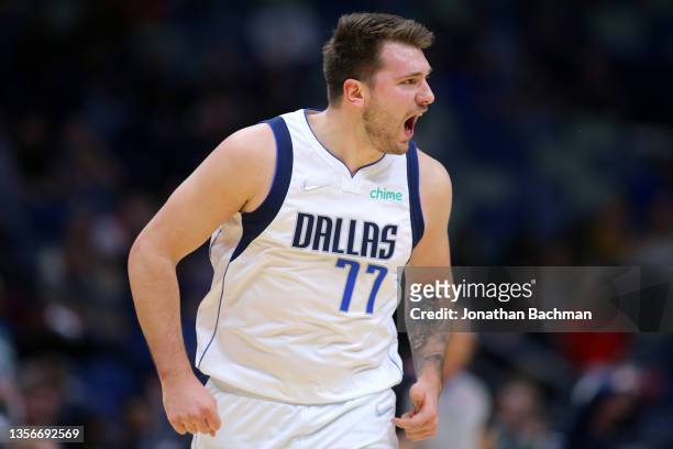 Luka Doncic of the Dallas Mavericks celebrates a score during the first half against the New Orleans Pelicans at Smoothie King Center on December 01,...
