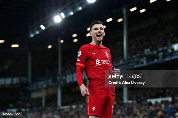 Andrew Robertson of Liverpool reacts during the Premier League match between Everton and Liverpool at Goodison Park on December 01, 2021 in...