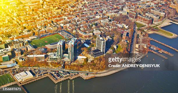 aerial view of modern district and suburb. morning - hoboken - fotografias e filmes do acervo
