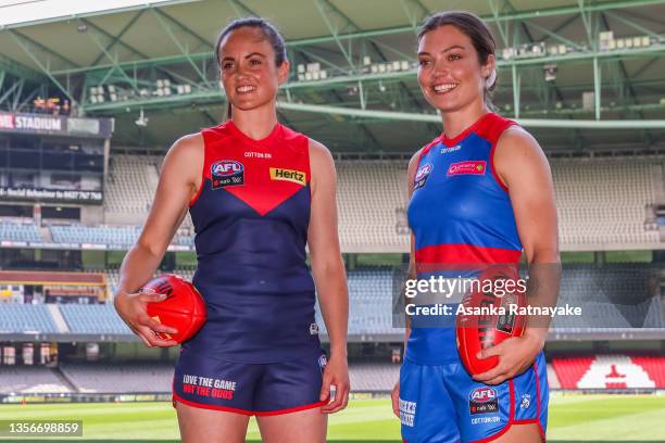 Melbourne Captain Daisy Pearce and Western Bulldogs Captain Ellie Blackburn during the AFL Womens media opportunity at Marvel Stadium on December 02,...