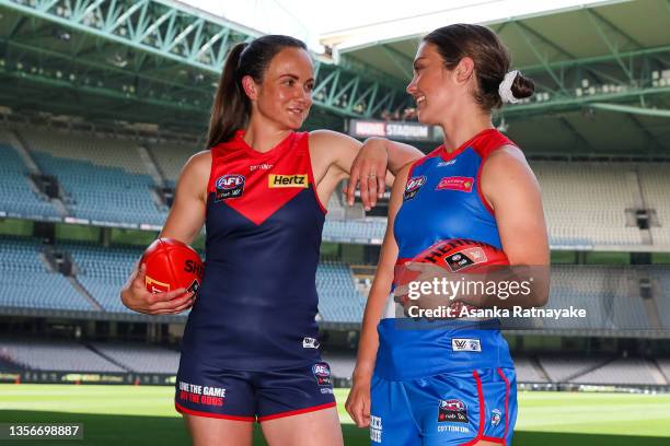 Melbourne Captain Daisy Pearce and Western Bulldogs Captain Ellie Blackburn during the AFL Womens media opportunity at Marvel Stadium on December 02,...