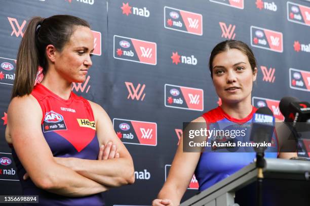 Western Bulldogs Captain Ellie Blackburn speaks to the media alongside Melbourne Captain Daisy Pearce during the AFL Womens media opportunity at...