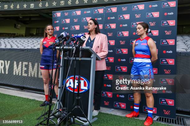General Manager Women’s Football Nicole Livingstone speaks to the media alongside Melbourne Captain Daisy Pearce and Western Bulldogs Captain Ellie...