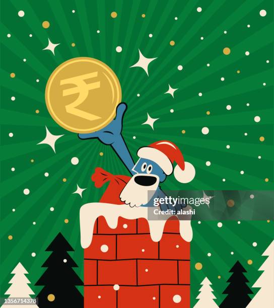 süßer weihnachtsmann klettert auf einen schornstein und zeigt eine indische rupienwährung - christmas cash stock-grafiken, -clipart, -cartoons und -symbole