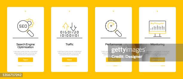 seo-konzept onboarding mobile app page screen mit flachen symbolen. ux, ui design template vektorillustration - dictionary page stock-grafiken, -clipart, -cartoons und -symbole