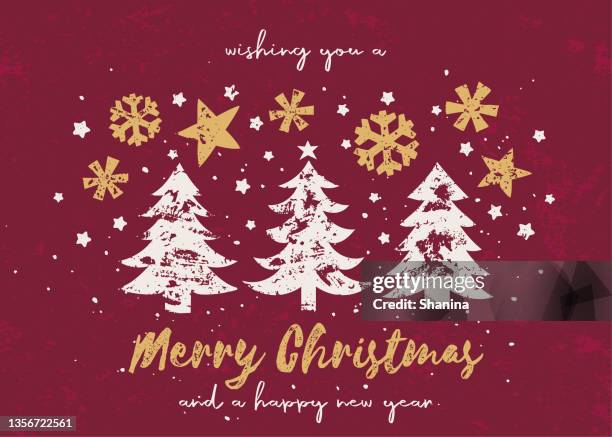 bildbanksillustrationer, clip art samt tecknat material och ikoner med christmas trees block printing greeting card - red background - christmas tags