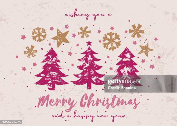 クリスマスツリーは、印刷グリーティングカードをブロック - ピンクとゴールド - 活版点のイラスト素材／クリップアート素材／マンガ素材／アイコン素材