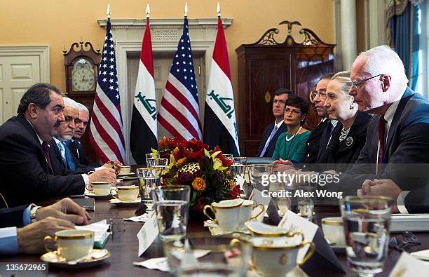 Secretary of State Hillary Clinton holds a bilateral meeting with Iraqi Foreign Minister Hoshyar Zebari December 12, 2011 at the State Department in...