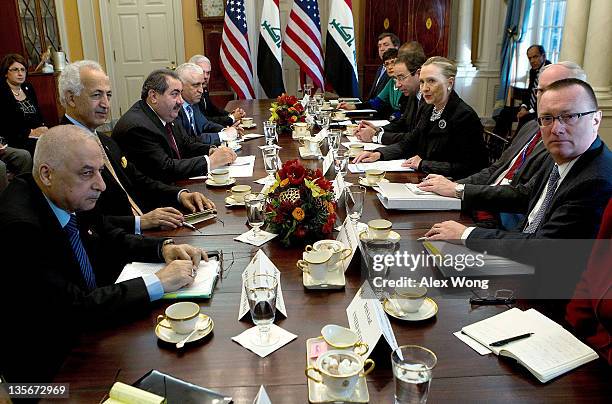 Secretary of State Hillary Clinton holds a bilateral meeting with Iraqi Foreign Minister Hoshyar Zebari December 12, 2011 at the State Department in...