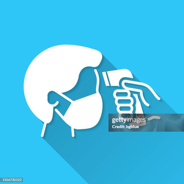 checking body temperature. icon on blue background - flat design with long shadow - forehead temperature check stock illustrations