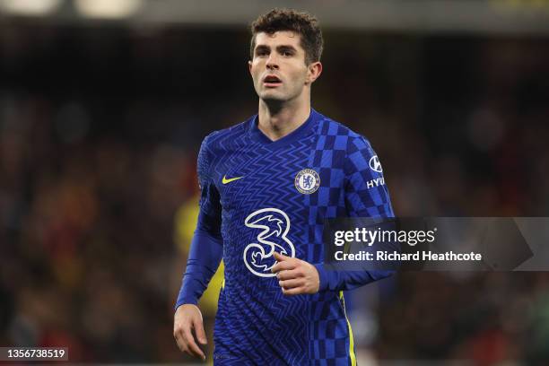 Christian Pulisic of Chelsea in action during the Premier League match between Watford and Chelsea at Vicarage Road on December 01, 2021 in Watford,...