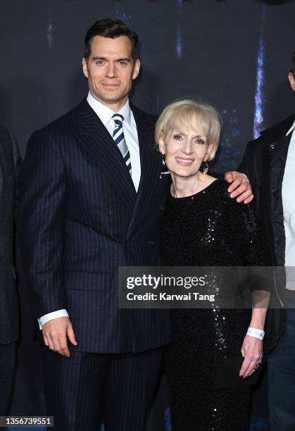 Henry Cavill and mother Marianne Cavill attend the World Premiere of "The Witcher: Season 2" at Odeon Luxe Leicester Square on December 01, 2021 in...