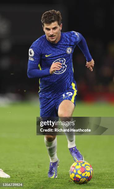 Mason Mount of Chelsea in action during the Premier League match between Watford and Chelsea at Vicarage Road on December 01, 2021 in Watford,...