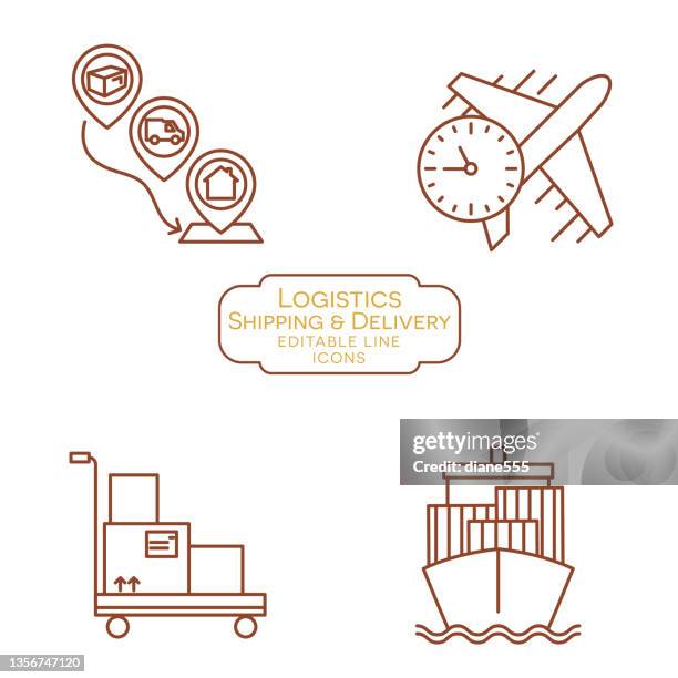 logistics delivery and transport thin line icon set - boat logo stock illustrations