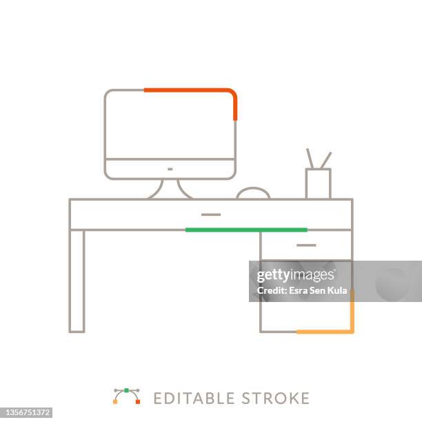 computer desk multicolor line icon with editable stroke - small office stock illustrations