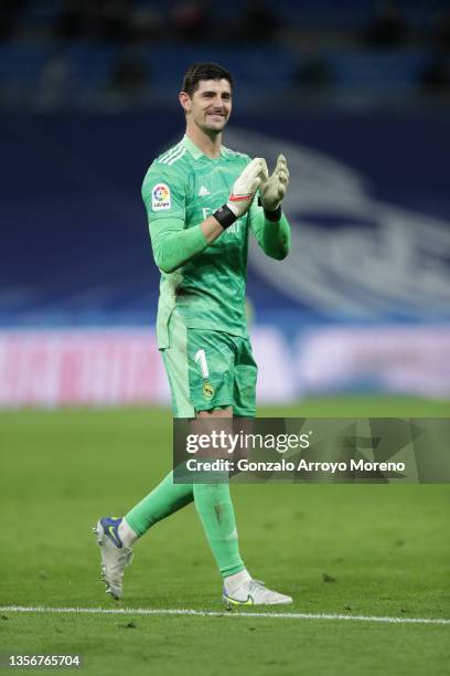 Goalkeeper Thibaut Courtois of Real Madrid CF acknowledges the audience after the La Liga Santander match between Real Madrid CF and Athletic Club at...