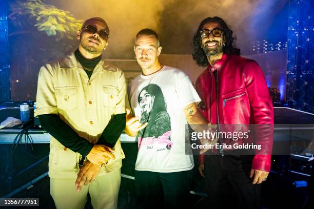 Walshy Fire, Diplo and Ape Drums of Major Lazer attend presented by Marshland, Magnus and FloodFM.com at Maps Backlot during Art Basel Miami on...