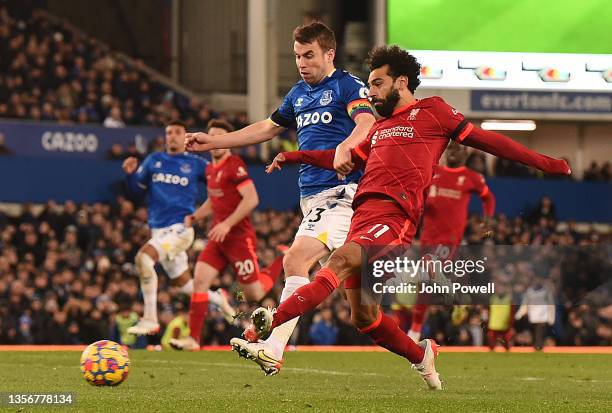 Mohamed Salah of Liverpool fires in his second goal during the Premier League match between Everton and Liverpool at Goodison Park on December 01,...