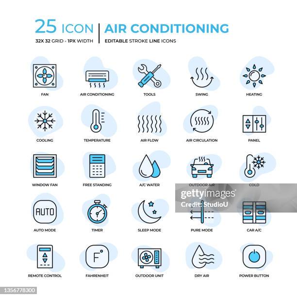 ilustrações de stock, clip art, desenhos animados e ícones de air conditioning flat style line icons - ventilador