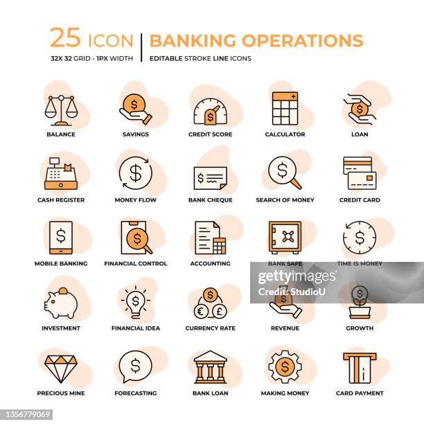 banking operations flat style line icons - bank icon stock illustrations