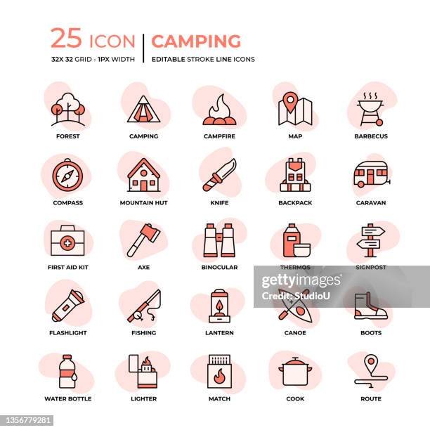 camping flat style liniensymbole - camping icons stock-grafiken, -clipart, -cartoons und -symbole
