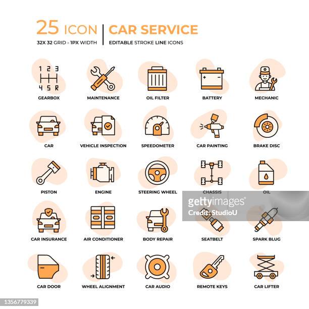 car service flat style liniensymbole - auto innenansicht stock-grafiken, -clipart, -cartoons und -symbole
