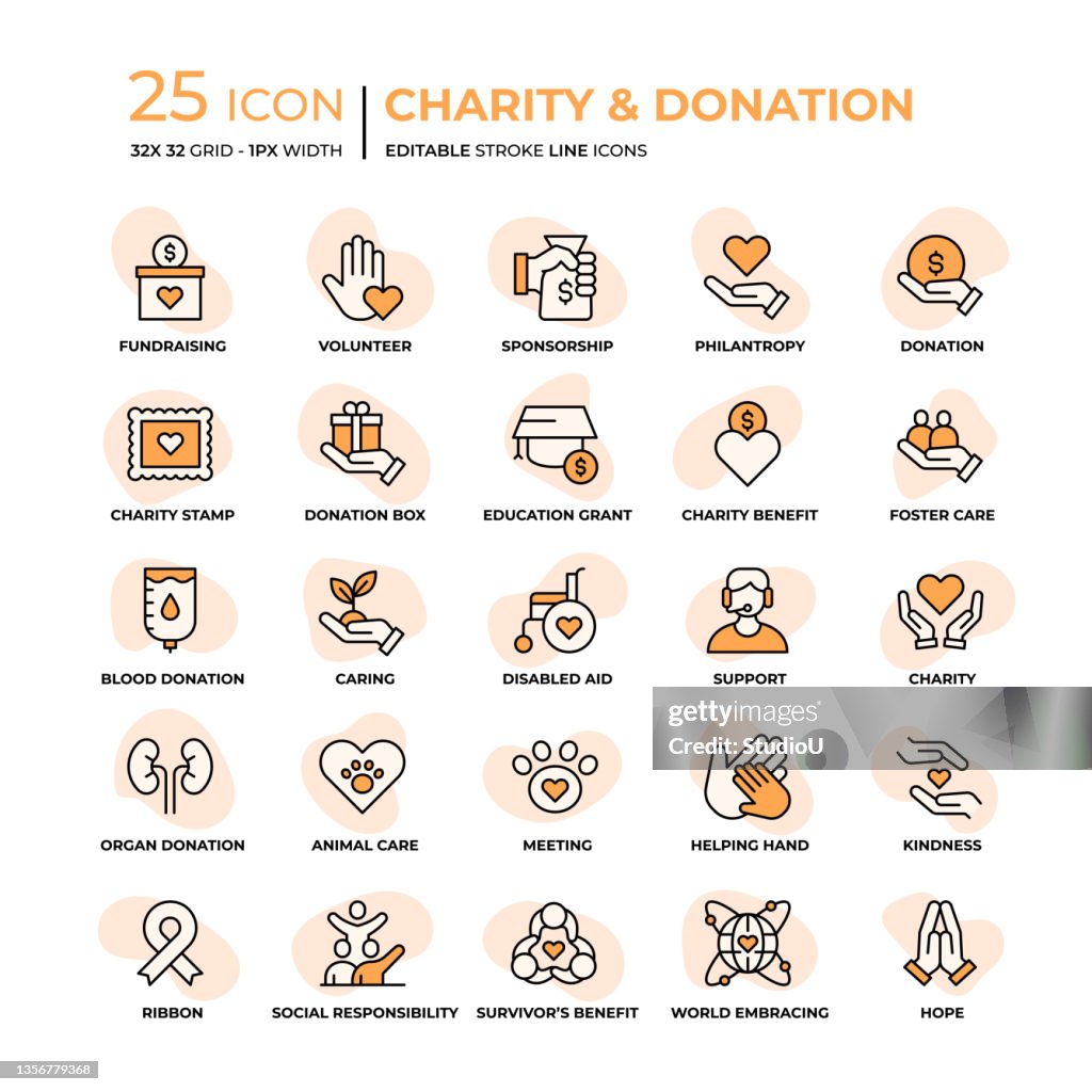 Iconos de línea plana de caridad y donación