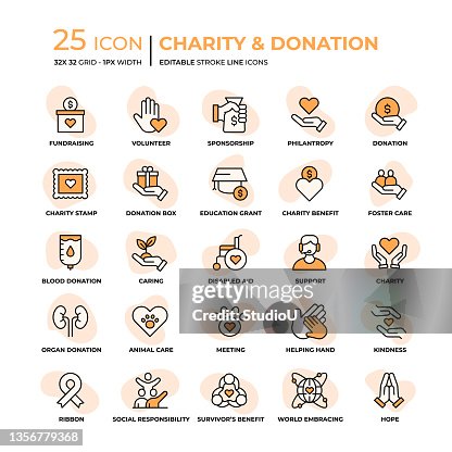 Iconos de línea plana de caridad y donación Iconos de línea plana de caridad y donación
