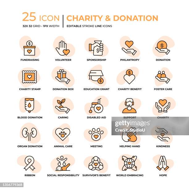 ilustraciones, imágenes clip art, dibujos animados e iconos de stock de iconos de línea plana de caridad y donación - marca la diferencia